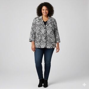 Alexandra Bartlett Women Vintage Cotton Blend Blazer Black White Flower Sz 22W